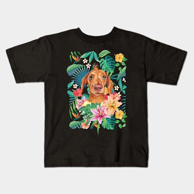 Tropical Red Dachshund Doxie 1 Kids T-Shirt by LulululuPainting